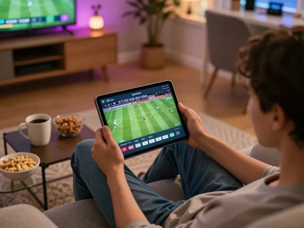 Socolive user engaging with online football streaming on tablet in cozy home setup