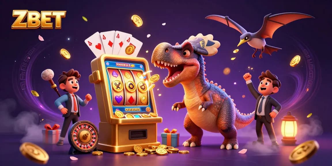 ZBET's pachycephalosaurus celebrates jackpot wins while coins fly in a vibrant casino scene.