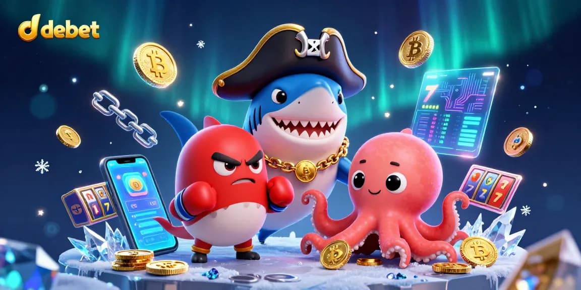 Engage with debet's exciting scene featuring a cartoon pirate shark and gaming elements.