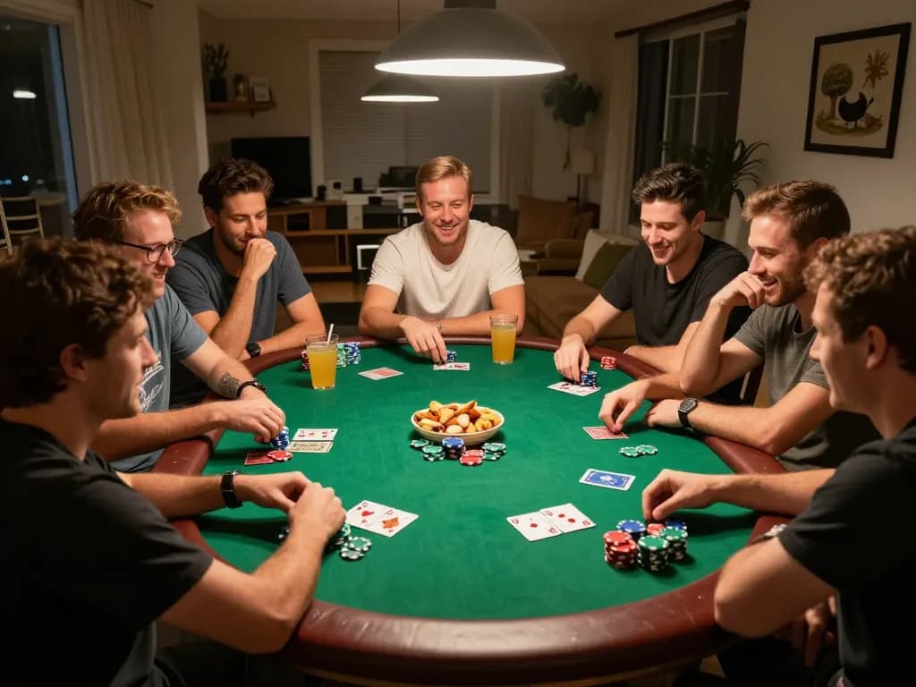 Socolive poker night excitement with friends at home, cards and chips creating a lively atmosphere.