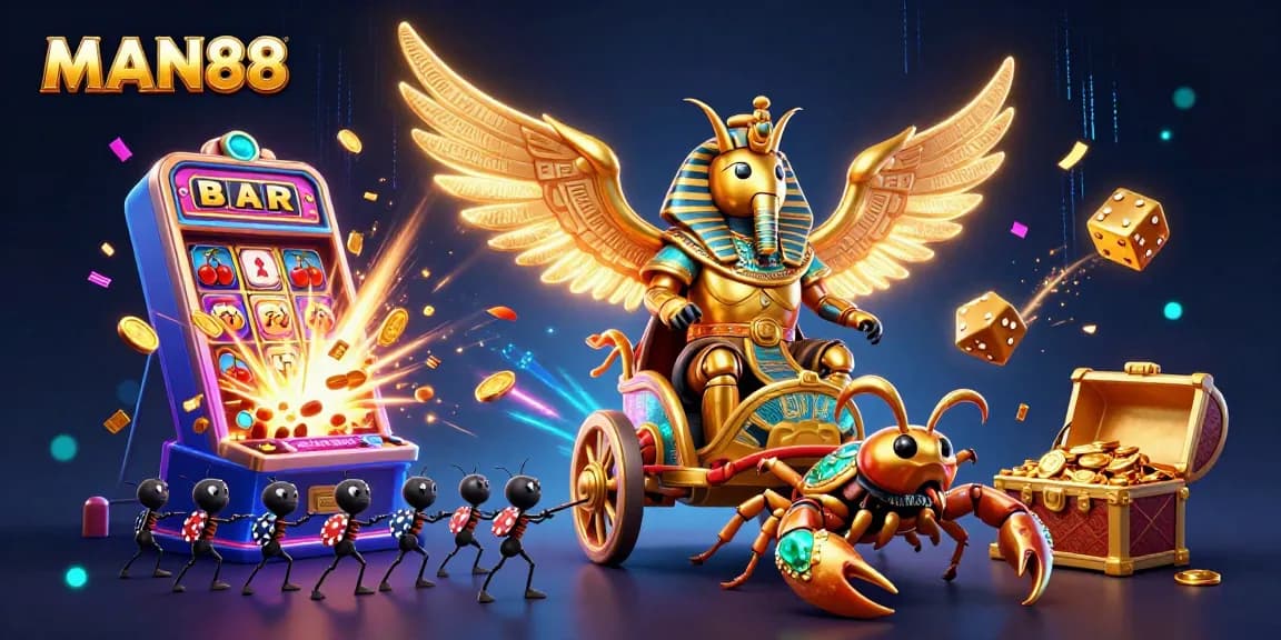 Experience winning with MAN88 as a golden beetle chariots through a dynamic casino scene.
