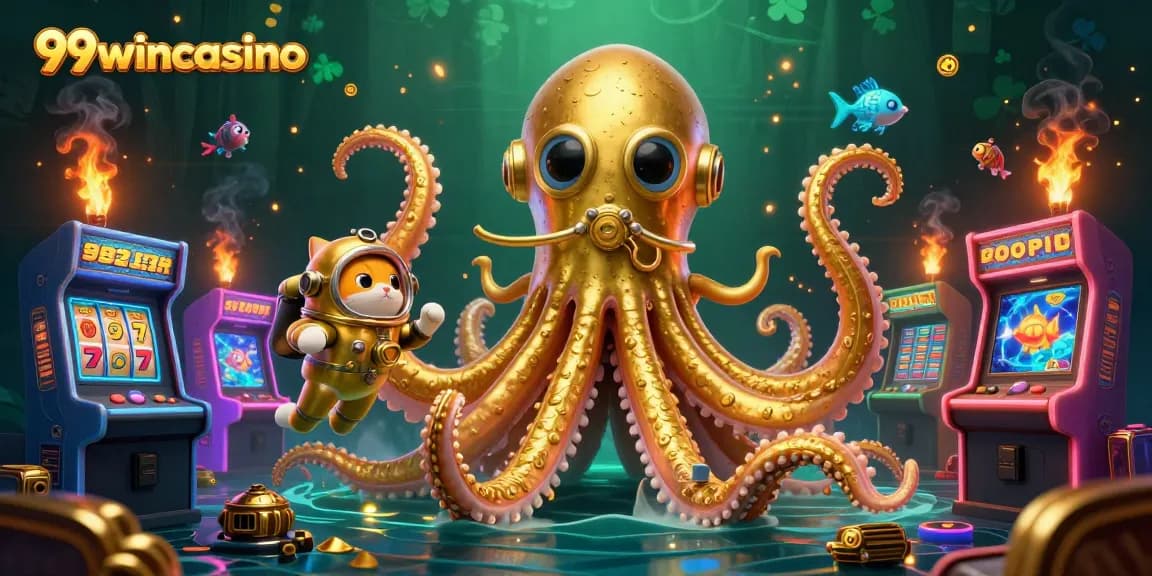 Engage with thrilling slots at 99wincasino, featuring a kraken and vintage diver amidst arcade machines.