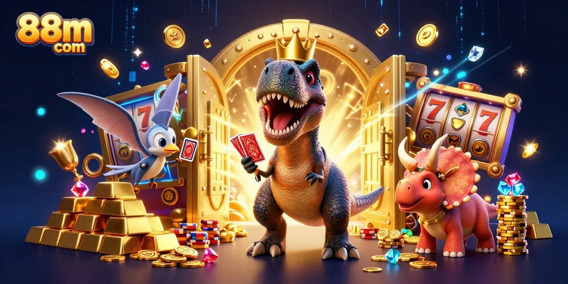 Engage with 88m com's thrilling casino adventures in a vibrant T-Rex and dinosaur-themed scene.
