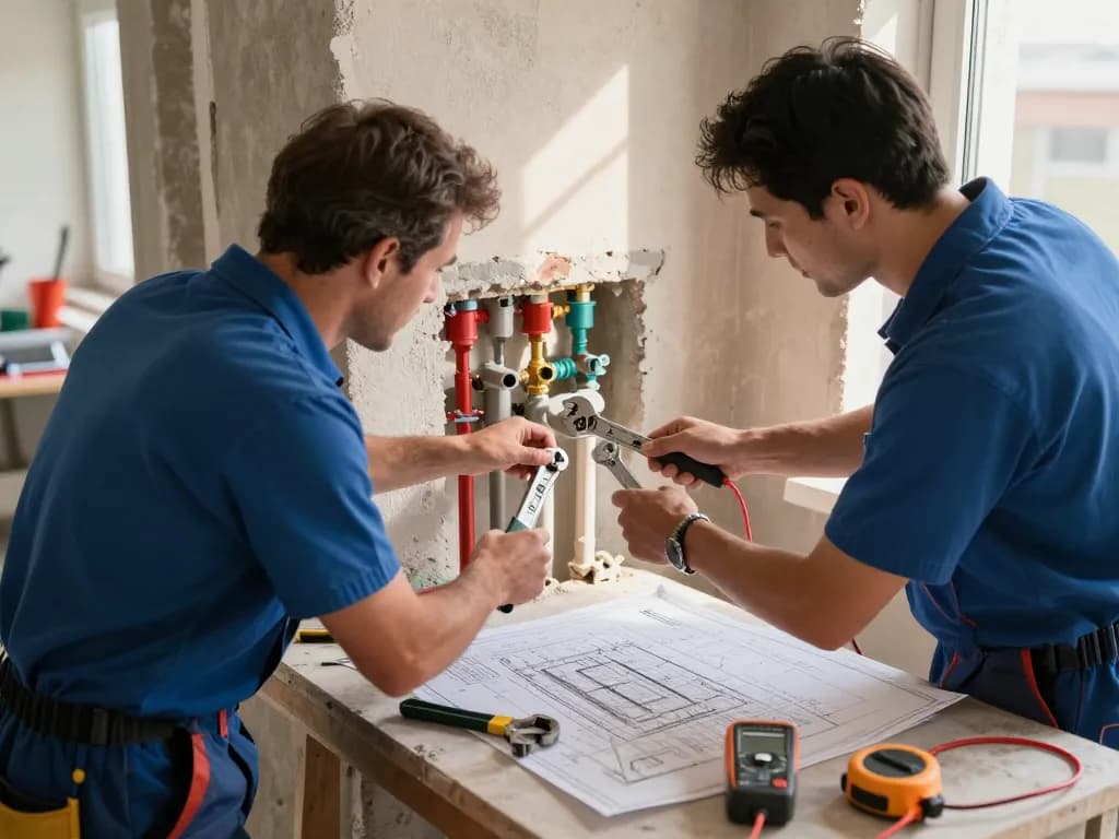 Encanador team adjusting pipes and inspecting plumbing layout at a residential site.