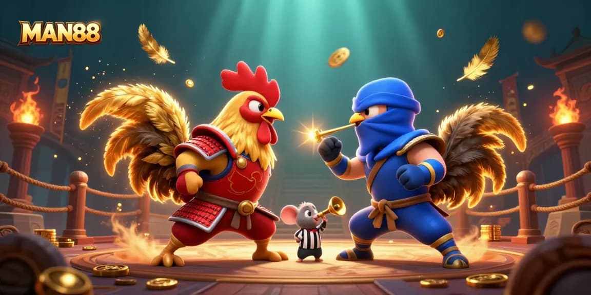 Engage with MAN88 at the exciting roosters' duel in a vibrant betting arena, showcasing thrilling competition.