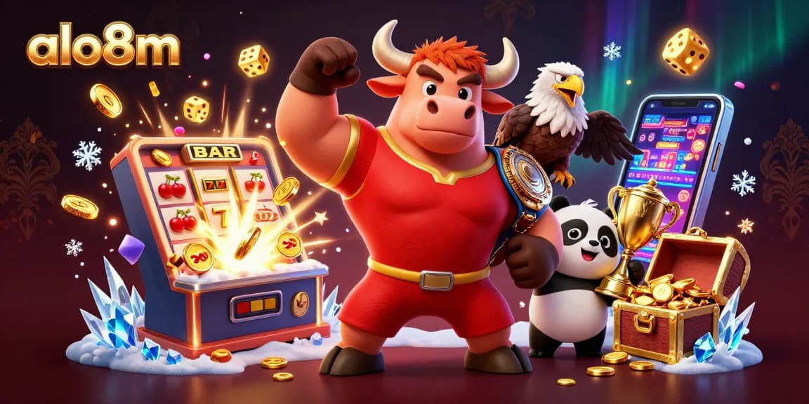 Join the excitement at alo8m with a triumphant bull mascot, golden trophy, and thrilling casino visuals.