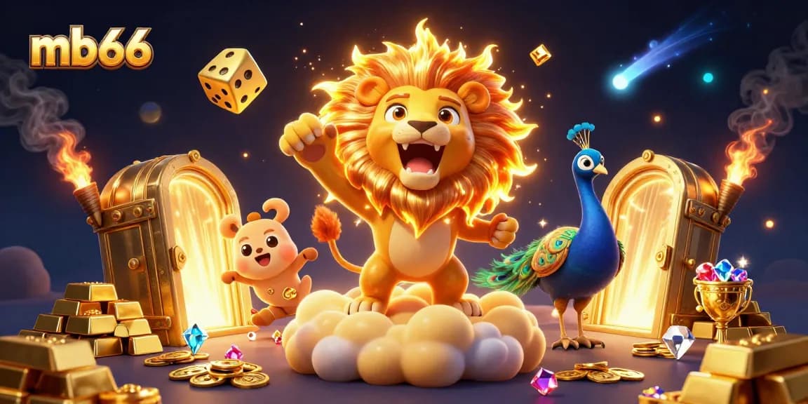 Spin the reels at mb66 with a vibrant illustration showcasing a cartoon lion and dazzling golden treasures.