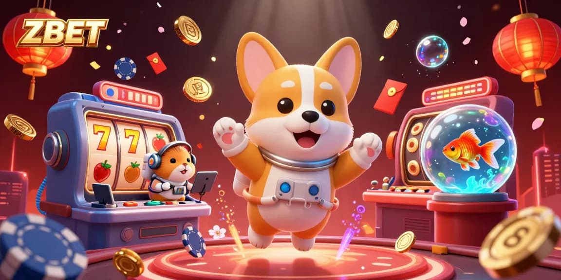 Immerse in the ZBET casino experience with an astronaut corgi and vibrant slot reels.