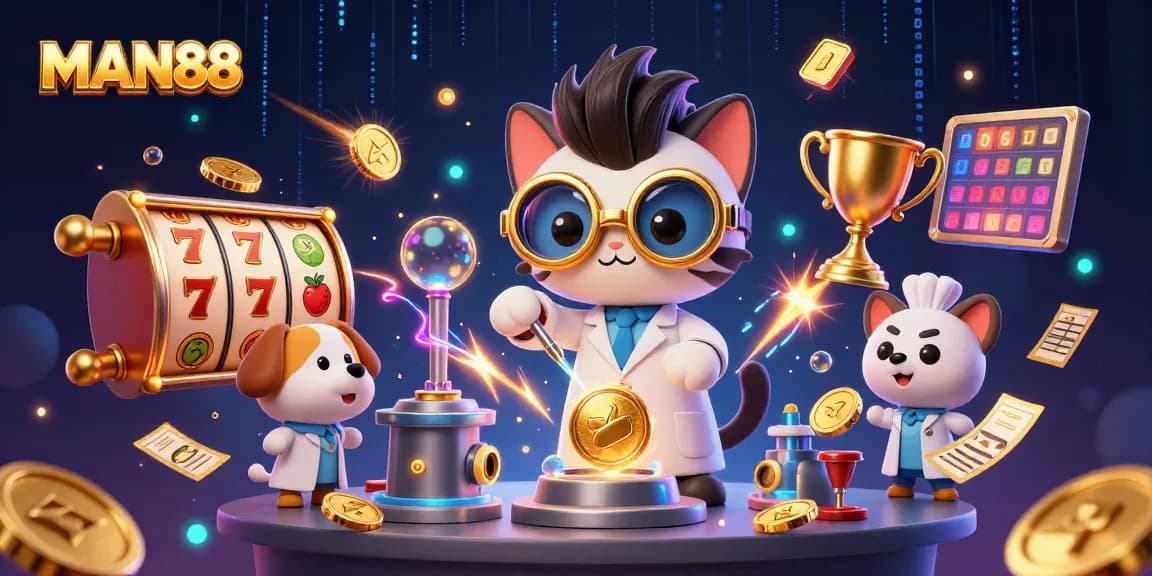 Engage with MAN88's thrilling casino world, featuring dynamic slot reels and a playful mad scientist cat.