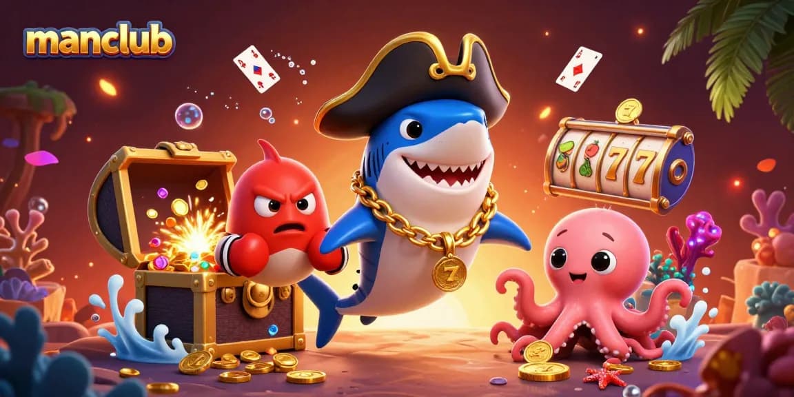 Engage in thrilling adventures at manclub with a vibrant casino-themed illustration featuring a pirate shark, pufferfish, and octopus.