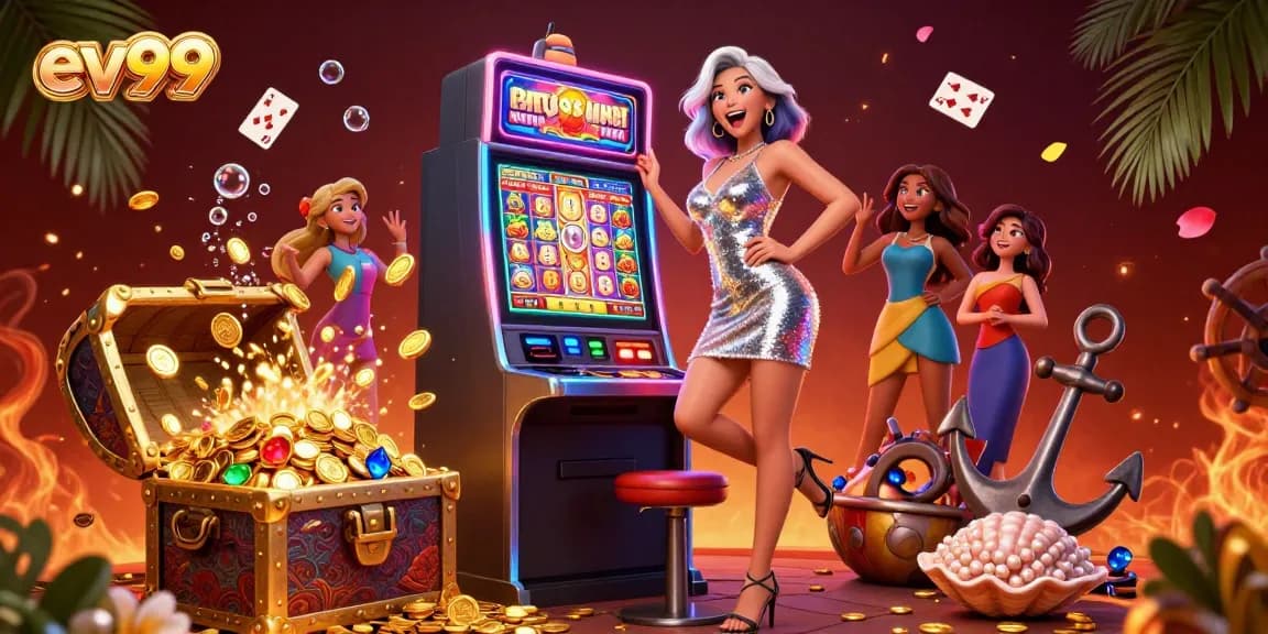 Experience the thrill of winning big at ev99 as a stunning woman celebrates beside a jackpot slot machine.