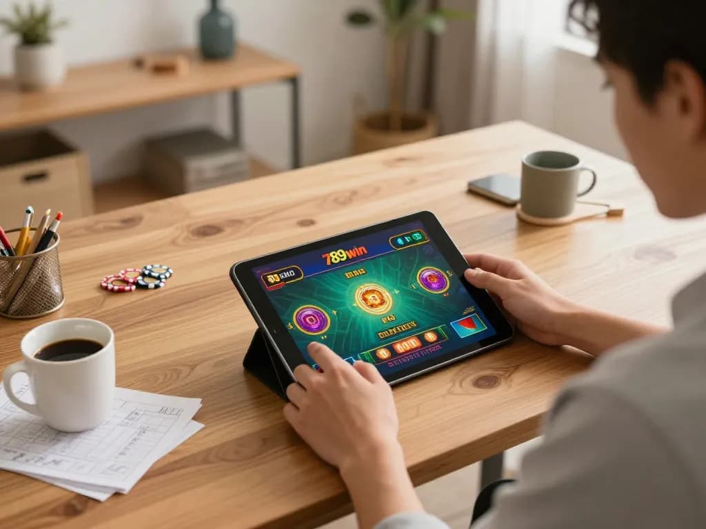 Engaging player enjoying 789win com live dealer games in a stylish home office, creating a cozy gambling atmosphere.