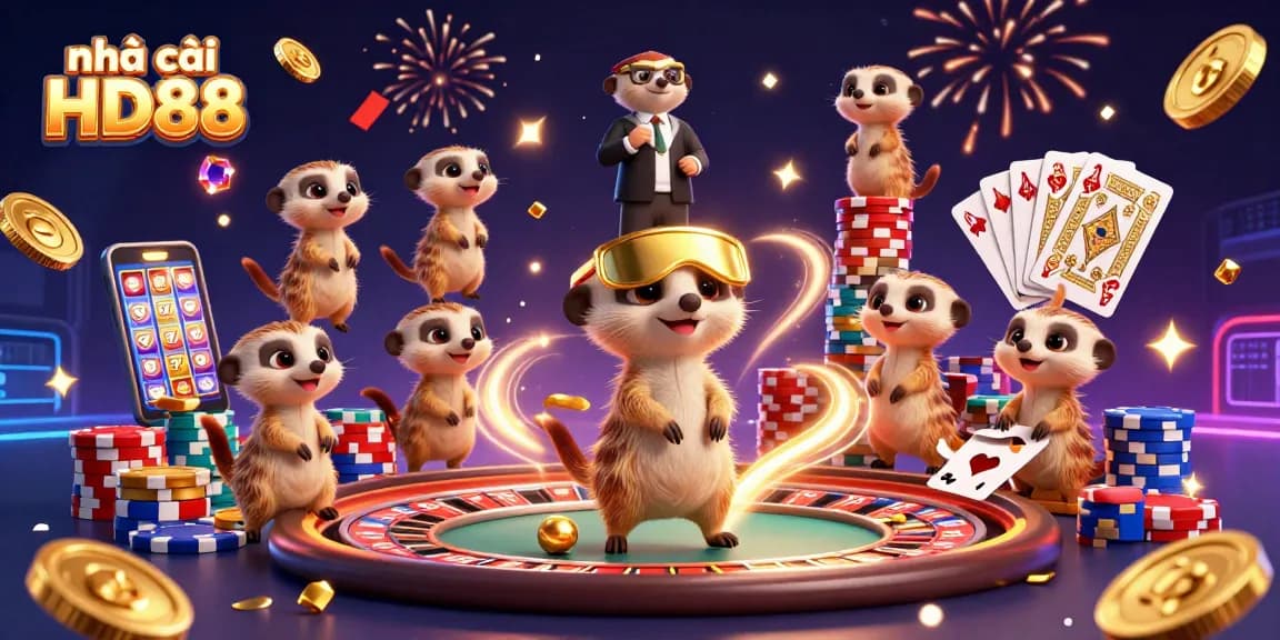 nhà cái HD88 features playful meerkats managing a vibrant casino with dynamic gaming elements.
