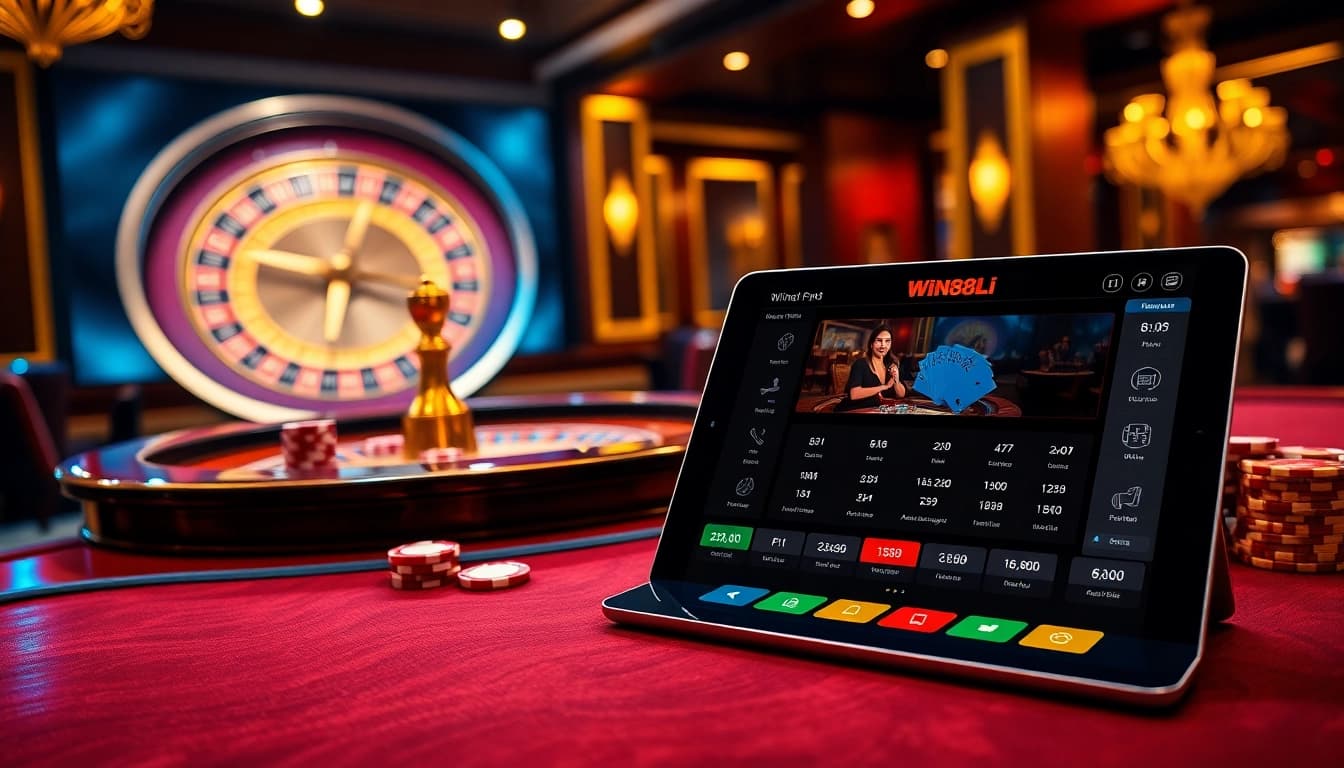 Engage with win88li.com at an elegant poker table displaying bright chips and cards in a luxurious casino ambiance.