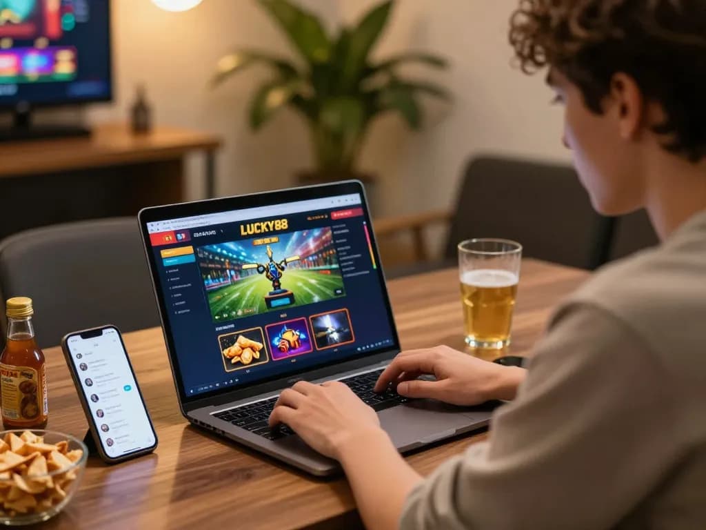 Engaging scene of a player using LUCKY88 online casino on a laptop, showcasing a strategic approach to gaming.