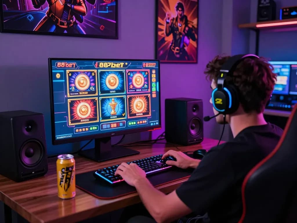 Engaged gamer exploring 887bet's vibrant online casino, showcasing a thrilling virtual gaming experience.