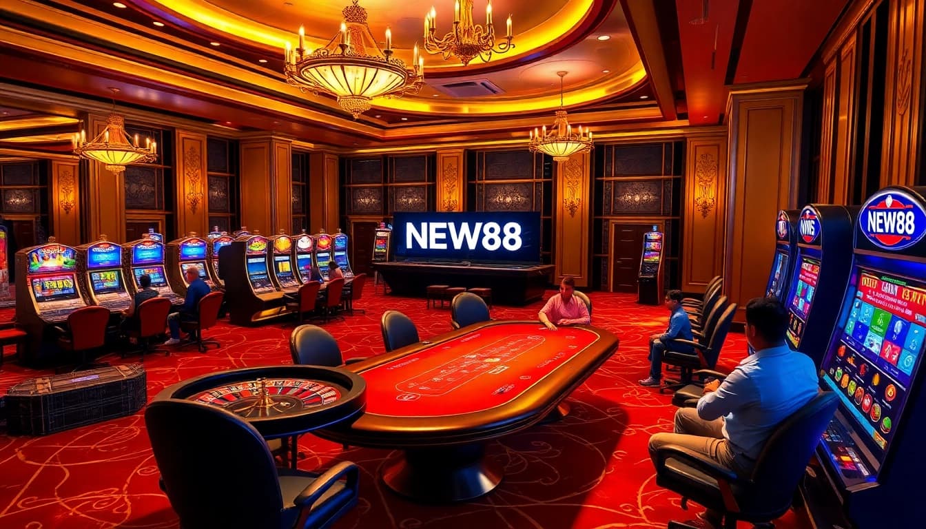 Engaging poker game scene at NEW88 casino, showcasing players and luxury surroundings.