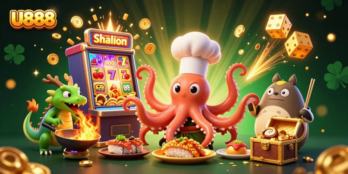 Engage with U888 as the cartoon octopus chef serves golden dishes surrounded by casino excitement