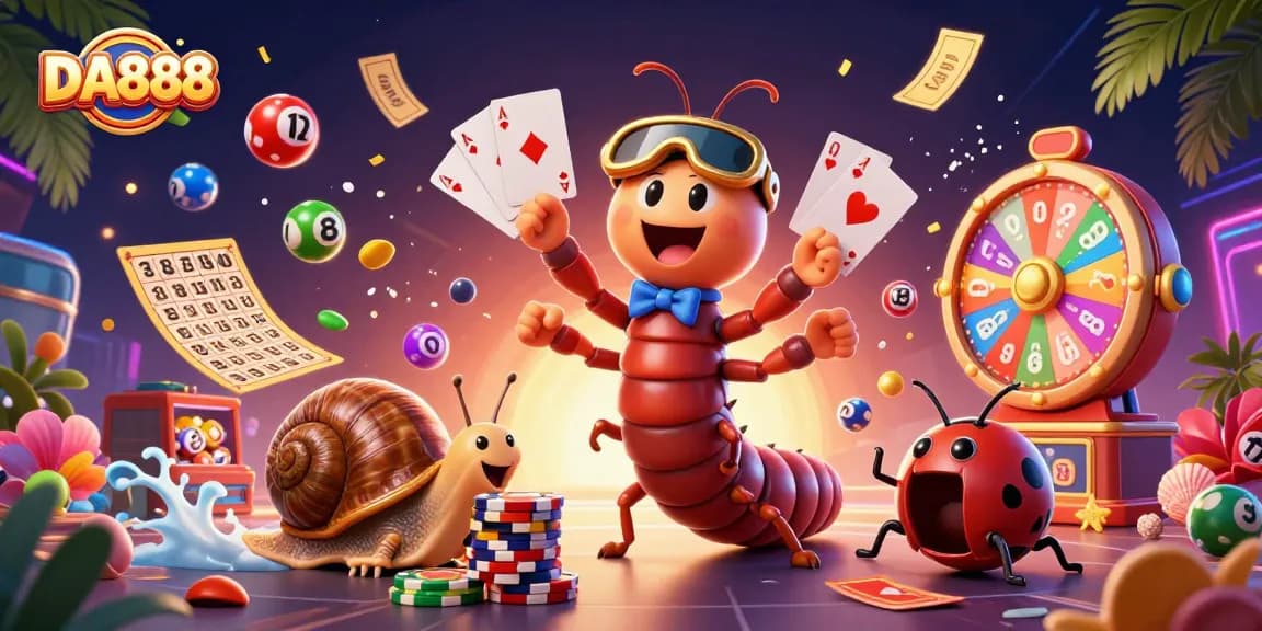 Join the excitement at DA888 with colorful lottery elements and a lively casino scene.