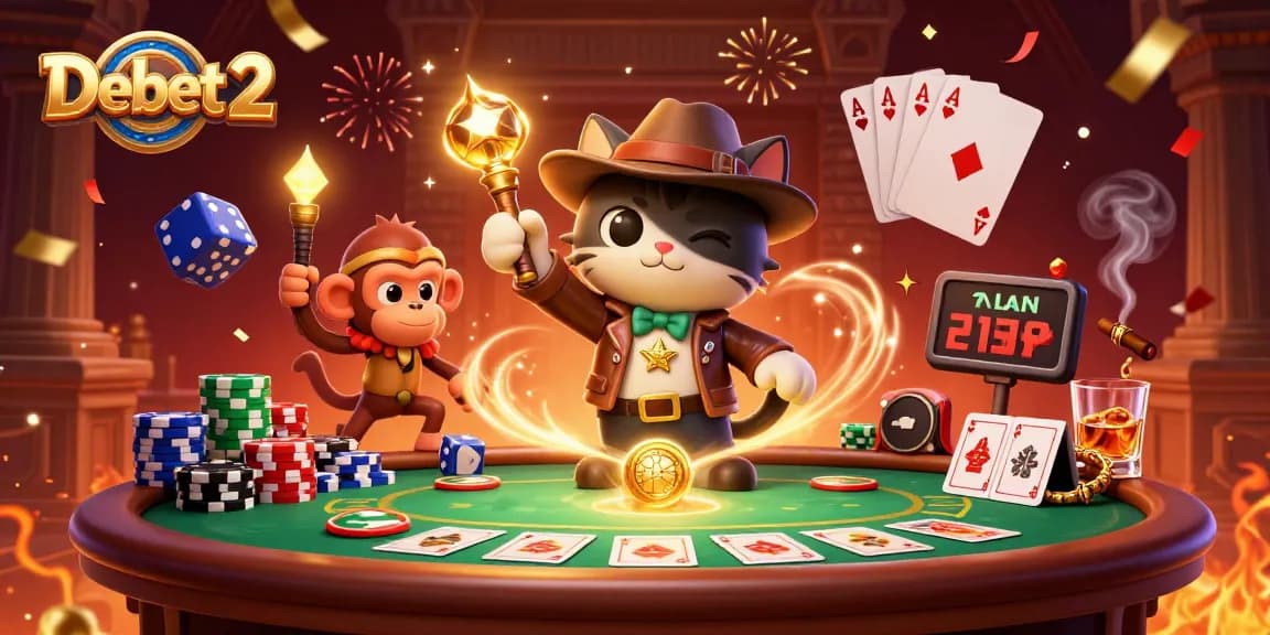 Engage in the excitement of Debet 2 with a vibrant casino scene featuring golden artifacts and poker dynamics.