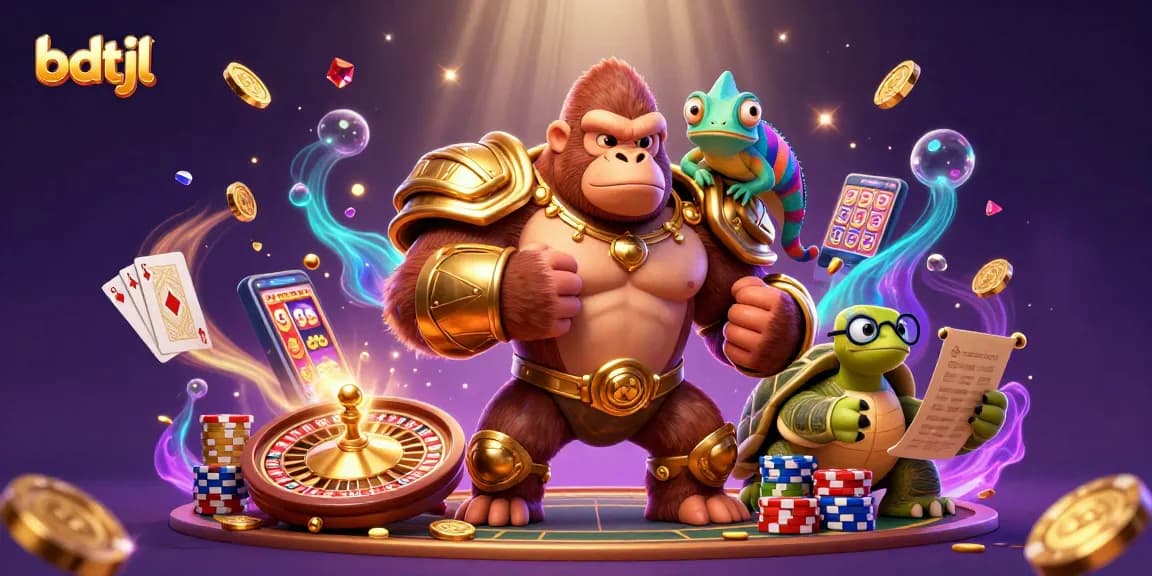 Experience the excitement of bdtjl with a vibrant 3D casino illustration featuring a gorilla king and colorful game elements.