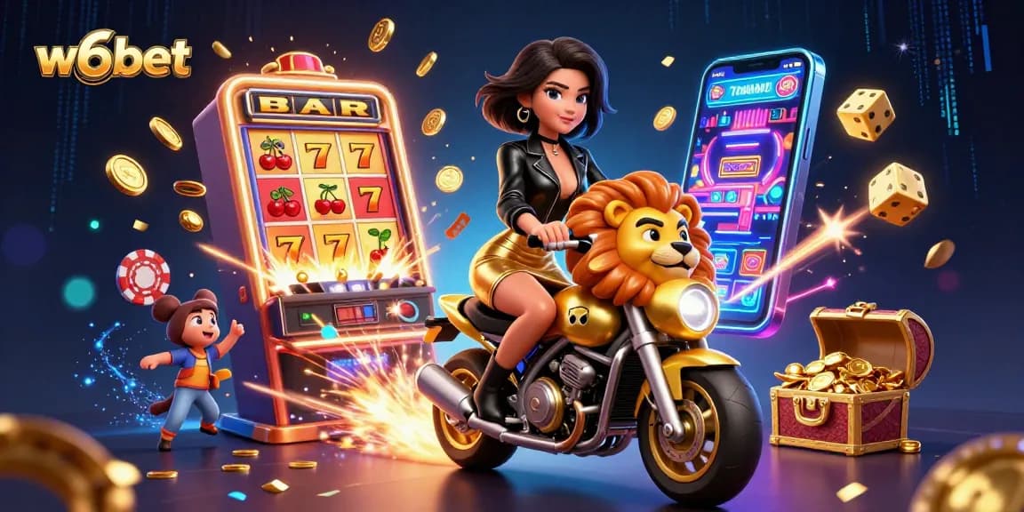 Experimente a emoção do w6bet com uma ilustração dinâmica de uma mulher glamourosa montando uma mascote de leão dourado.