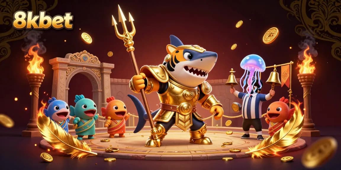 Experience the thrill of 8kbet's online casino with an exciting underwater scene featuring a shark in gladiator armor.