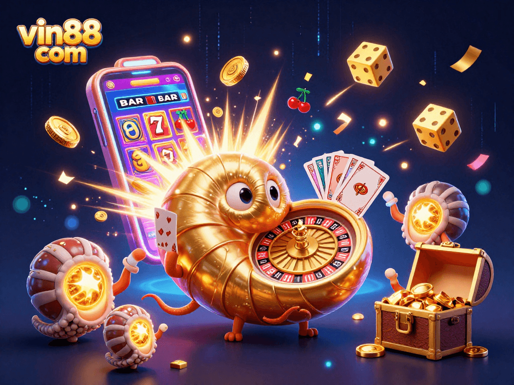 Experience thrilling gaming excitement with vin88 com in this vibrant 3D casino illustration.