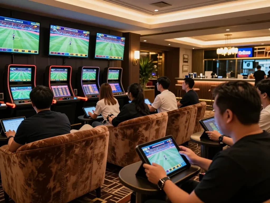 Engaged sports bettors enjoying a premium experience at ONE88's elegant lounge, placing strategic bets.