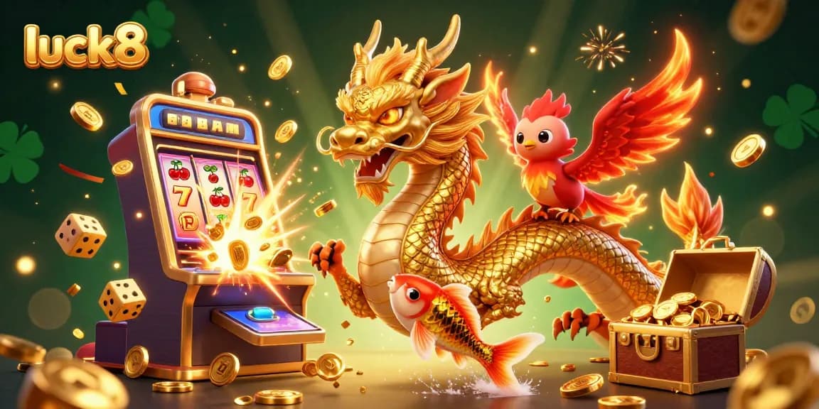 Experience luck8's vibrant casino adventures with the golden dragon, phoenix, and koi fish amidst joyous winnings.