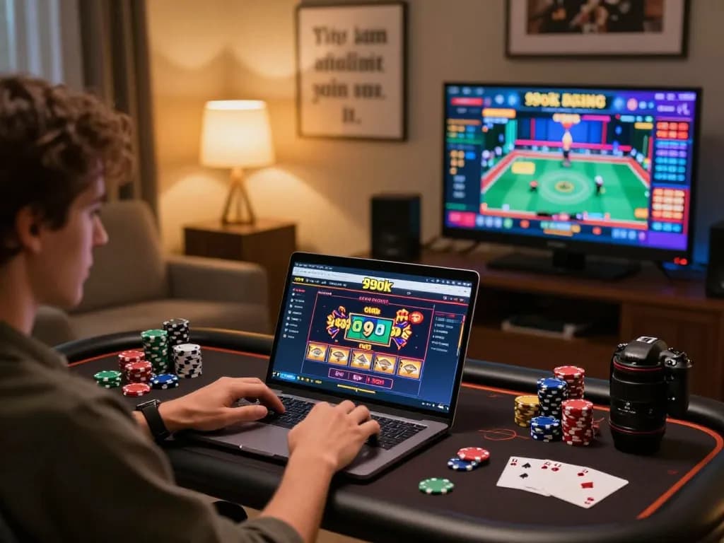 Engaged user playing 99ok online casino with warm lighting and gaming items.