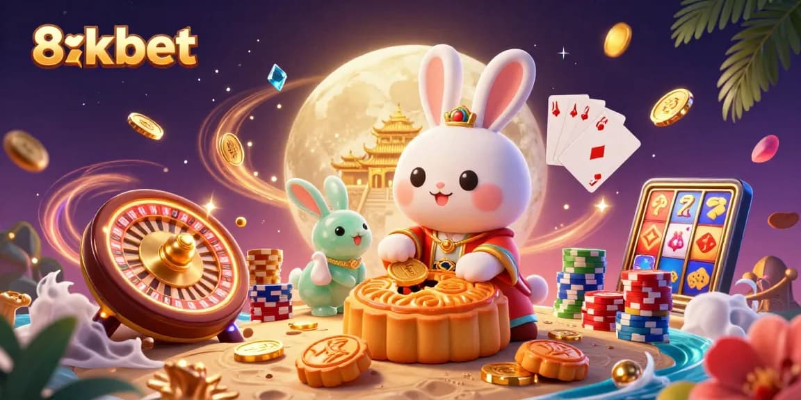 Experience the thrill of 8xbet with cartoon moon rabbit celebrating casino excitement on the lunar surface.