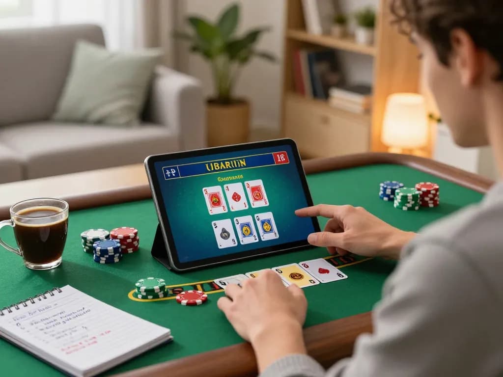 lc88 player engaged in an online blackjack game on tablet, showcasing strategic betting and cozy home atmosphere