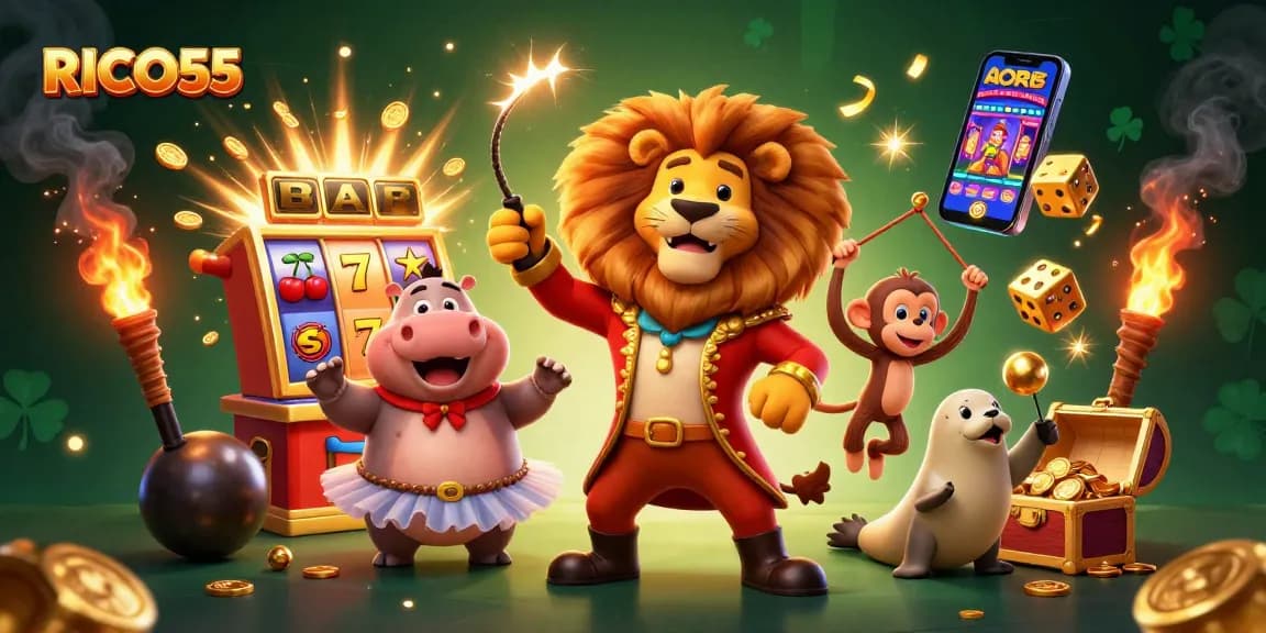 Experience thrilling wins at RICO55 with animated circus characters celebrating a lottery jackpot explosion.