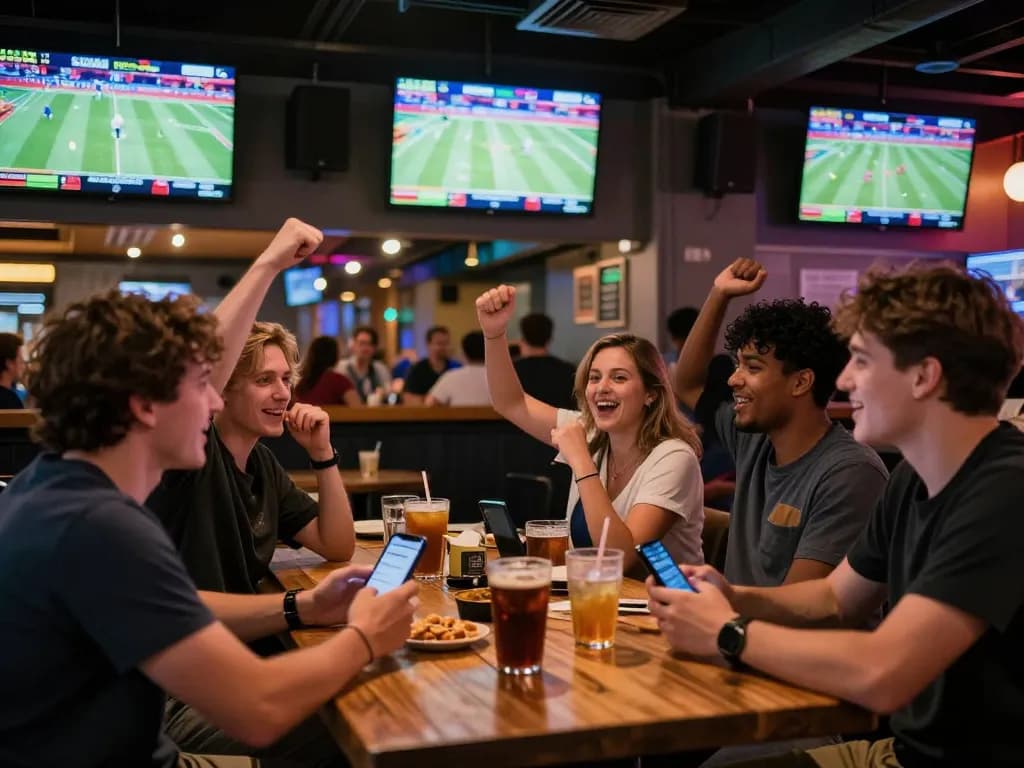 Fans enthusiastically placing bets at 789win while watching live sports on screens in a vibrant atmosphere.