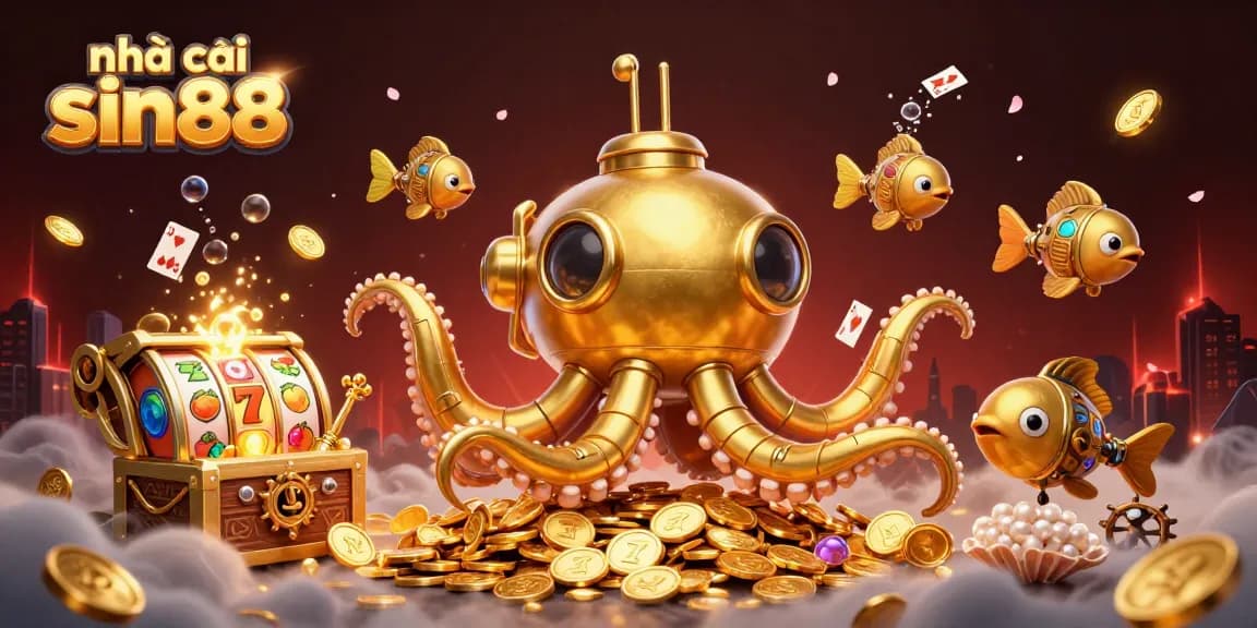 Experience the thrill at nhà cái sin88 with a vibrant 3D kraken submarine amidst slot machines and treasures.
