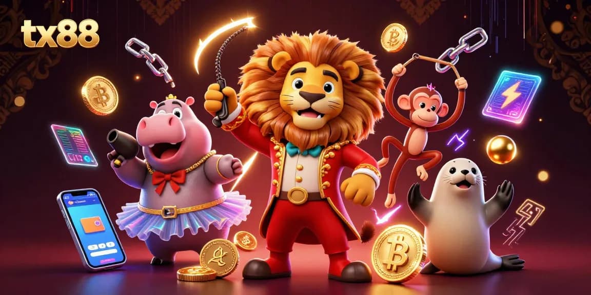 Engage in thrilling gaming at tx88 with animated circus characters and vibrant crypto elements.