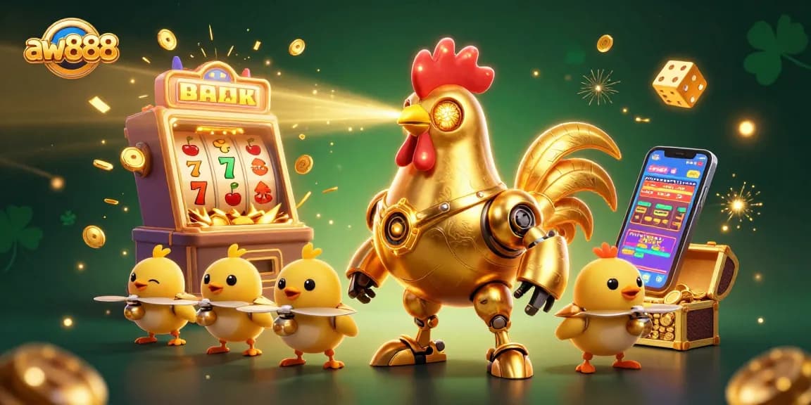 Experience excitement with aw888's dynamic casino scene featuring a golden rooster robot and baby chick drones.