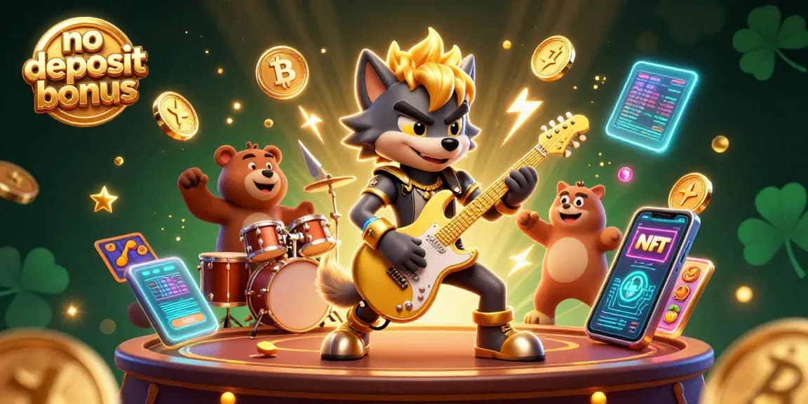 Experience the thrill of no deposit bonuses with a vibrant casino scene featuring cartoon characters and crypto elements.