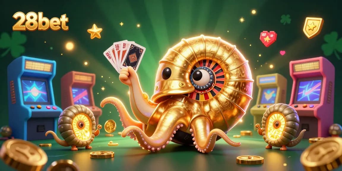 Engage with 28bet's vibrant casino scene featuring a giant nautilus roulette wheel and glowing creatures.