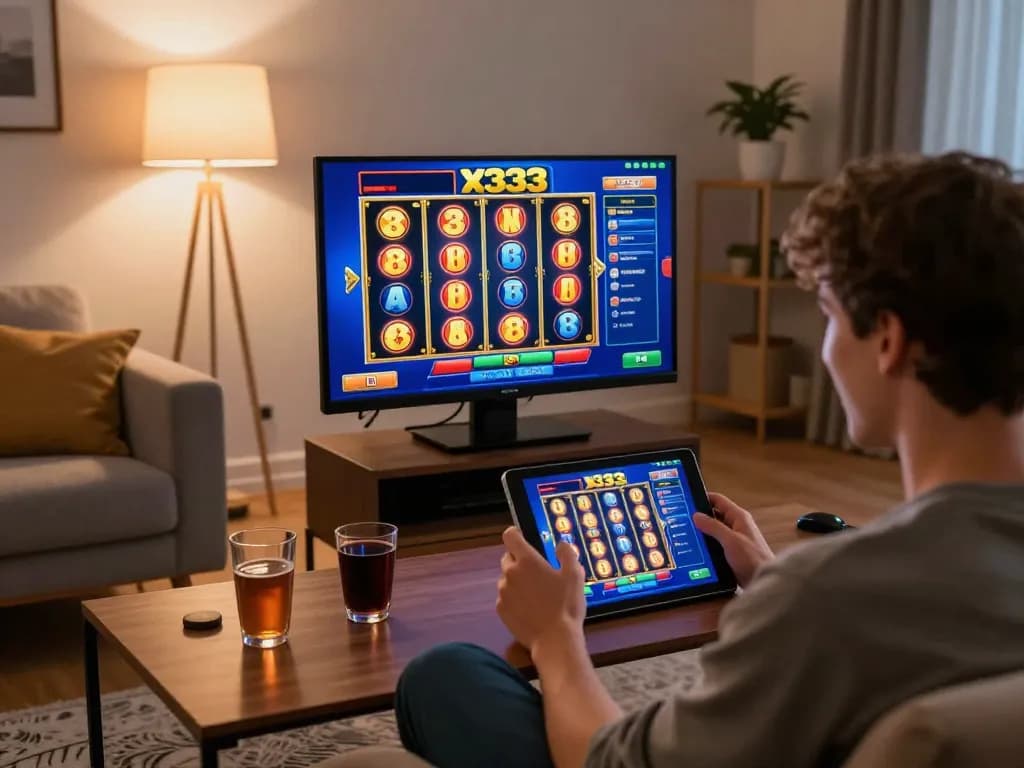 Enjoy exciting gameplay on x333 as a player spins vibrant slot reels on a cozy tablet setup.