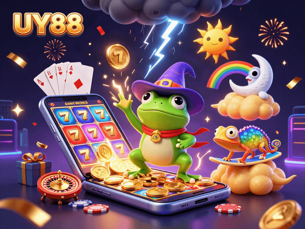 Experience the thrill of UY88 slots with a magical storm of coins and colorful casino elements.
