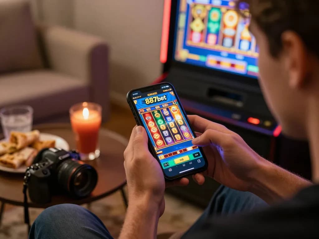 Jogador se divertindo com emocionantes jogos de slot no aplicativo da 887bet em um ambiente aconchegante