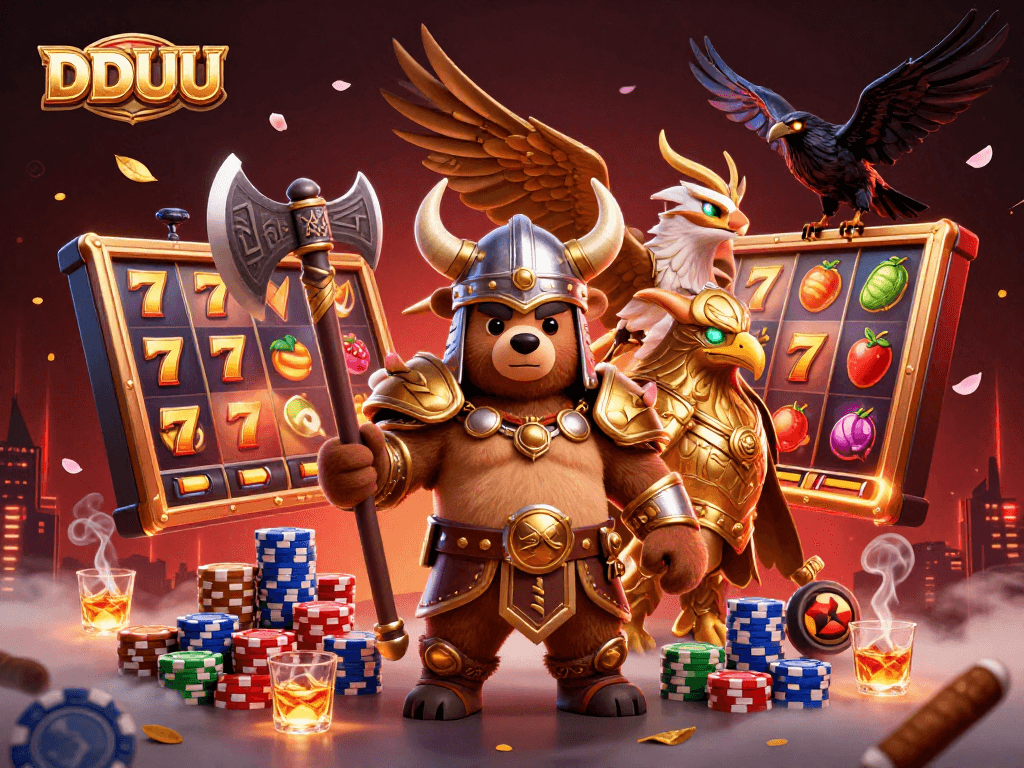 Engaging scene with DDUU characters, slot reels, and vibrant casino elements depicting exhilarating gameplay.