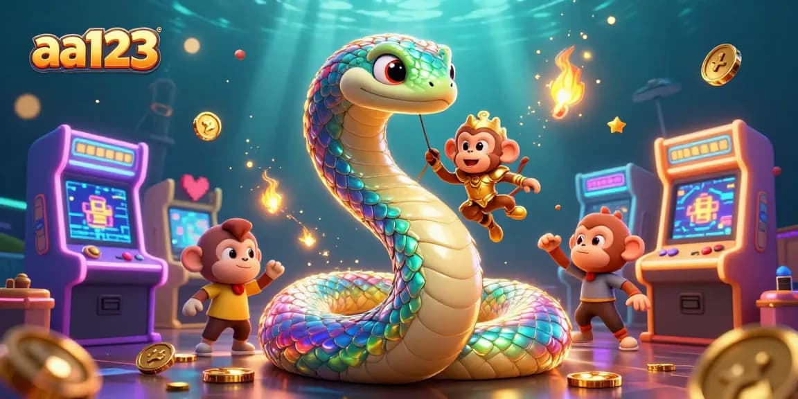 Participe de emocionantes aventuras de cassino com a cena vibrante em 3D de aa123 ilustrando uma serpente e um rei.