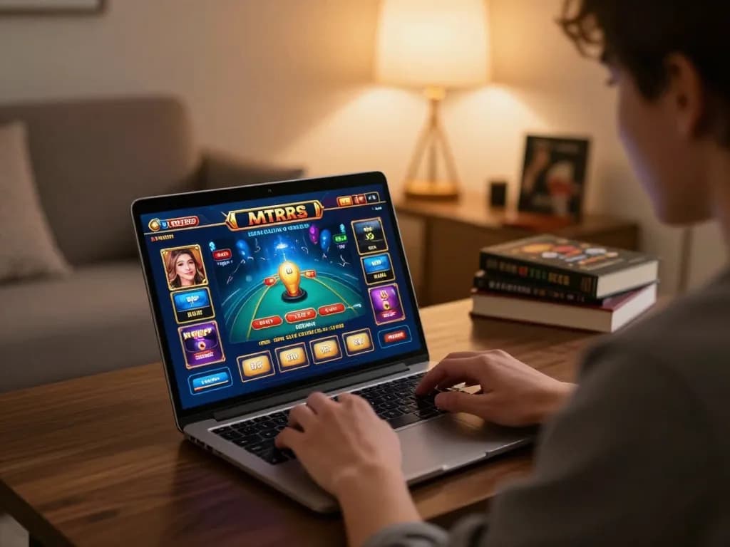 Engaged player enjoying oxbet online casino game on laptop in cozy home setting.