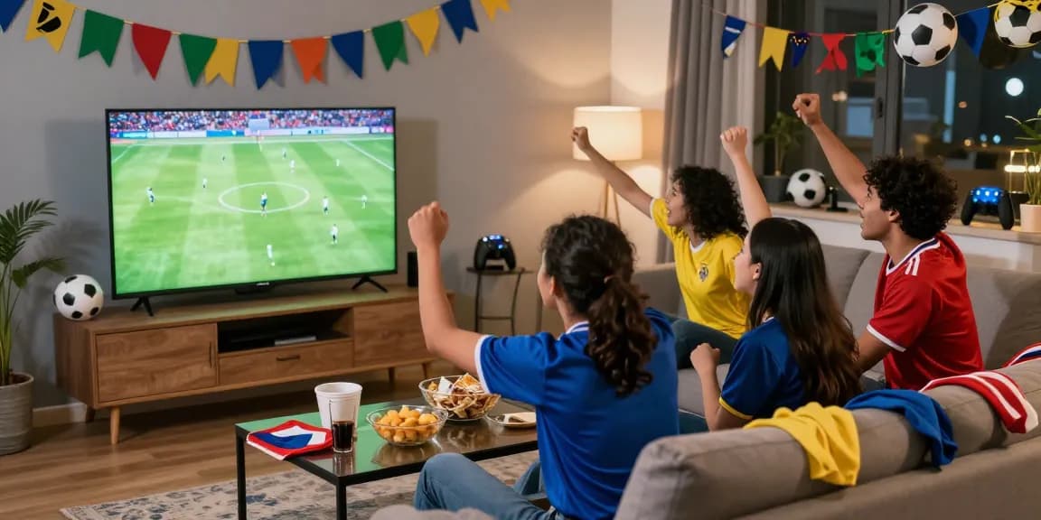 Excited fans enjoying a soccer match on Multicanais platform in vibrant living room.