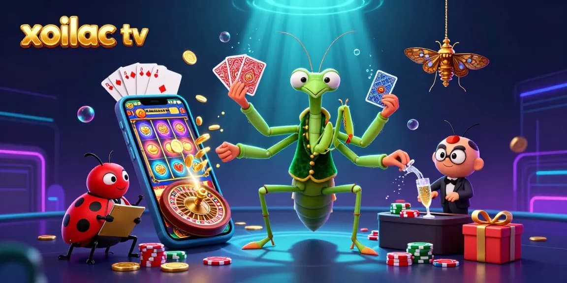 Xoilac tv showcases a vibrant 3D scene where a giant mantis card sharp deals cards alongside a ladybug pit boss, bringing casino excitement to life.
