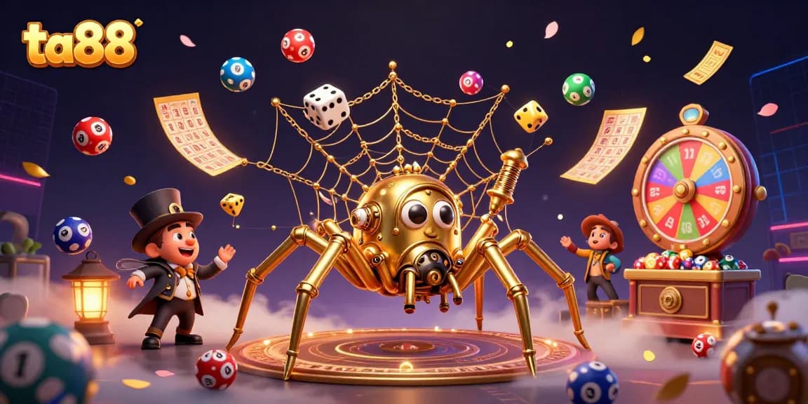 Experience the thrill of ta88 with golden chains and dynamic lottery elements in an engaging 3D scene.