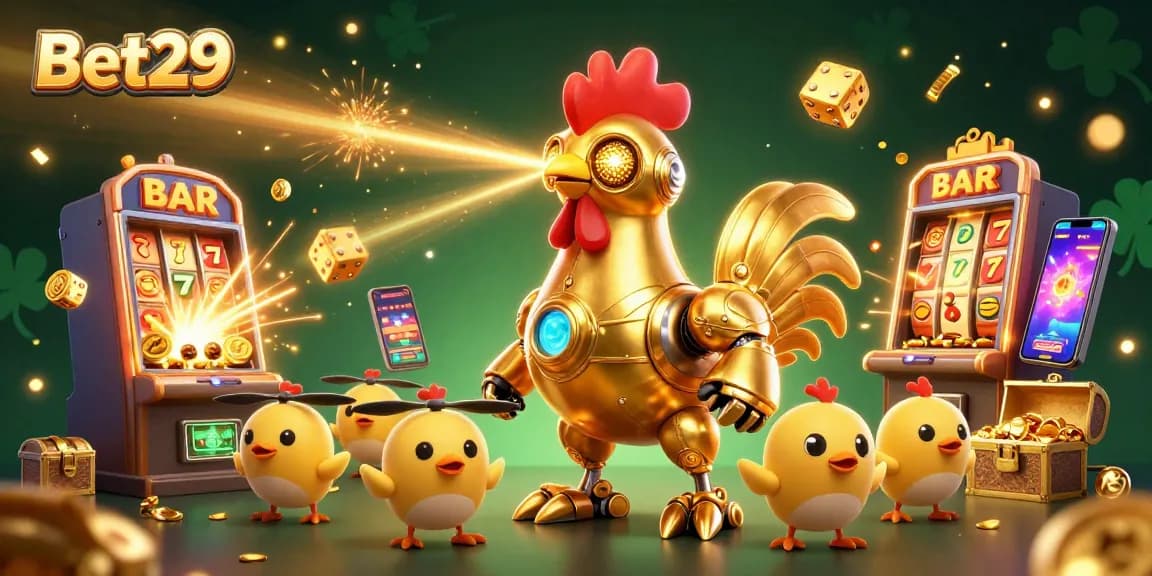 Bet29 shows a colorful casino scene featuring a golden rooster robot and chick drones amidst slot machines and vibrant game elements.